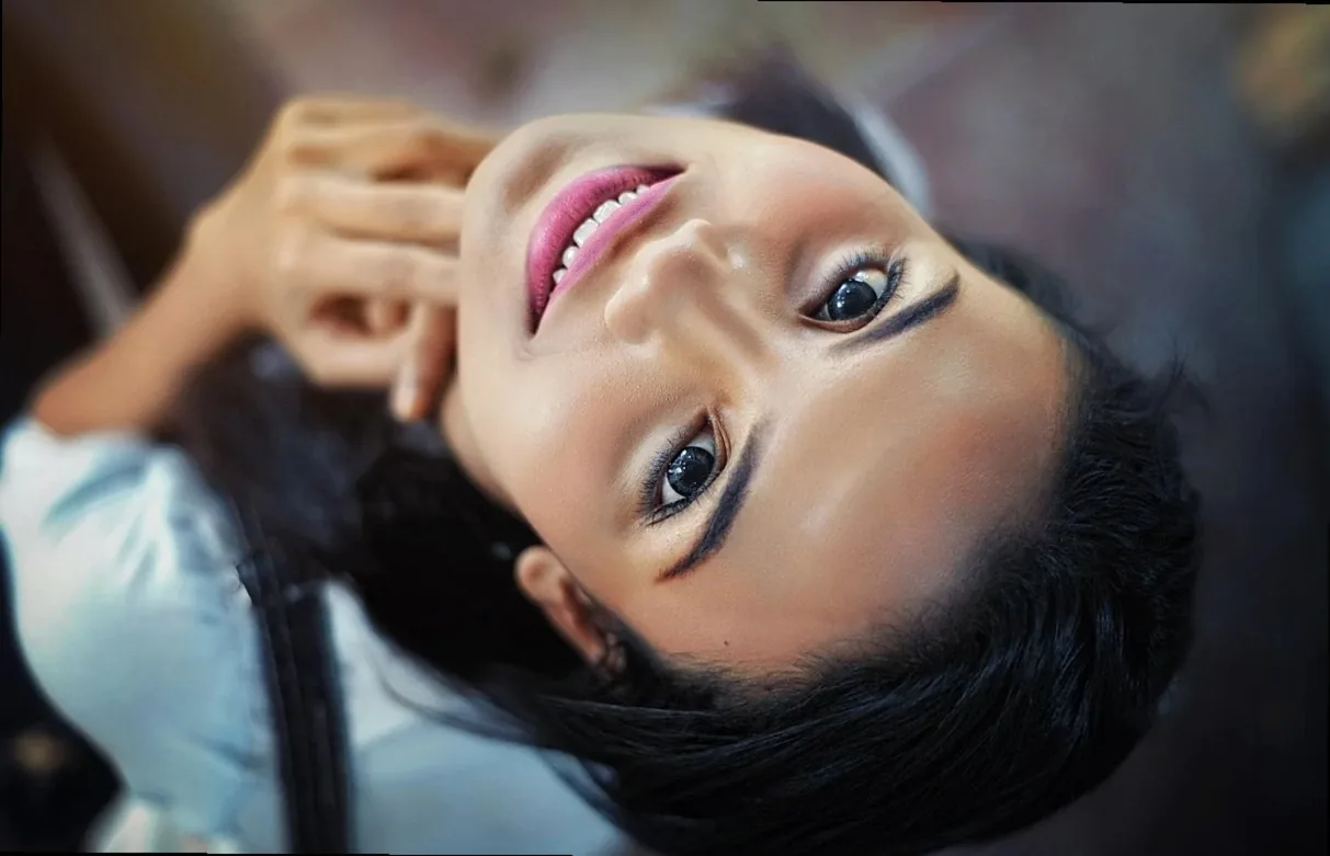 face, girl, close up, looking up, upside down, makeup, cosmetics, look up, smiling, happy, smiling woman, young woman, s